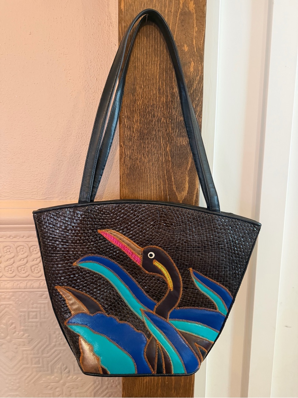 Vintage Black Shoulder Bag with Blue, Teal and Pink Bird Appliqué